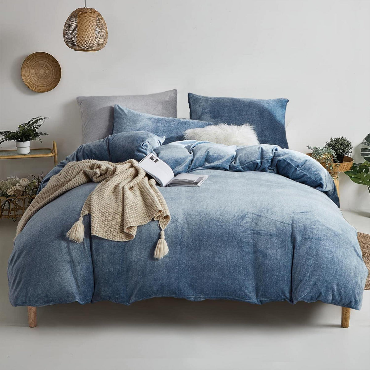 Warme Damier Winter Plüsch Bettwäsche Set Blau 200x200cm