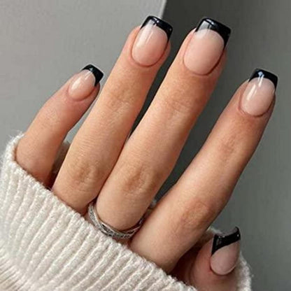 24er Set Eckige Schwarze Künstliche Press-on Nägel Nude Fingernägel
