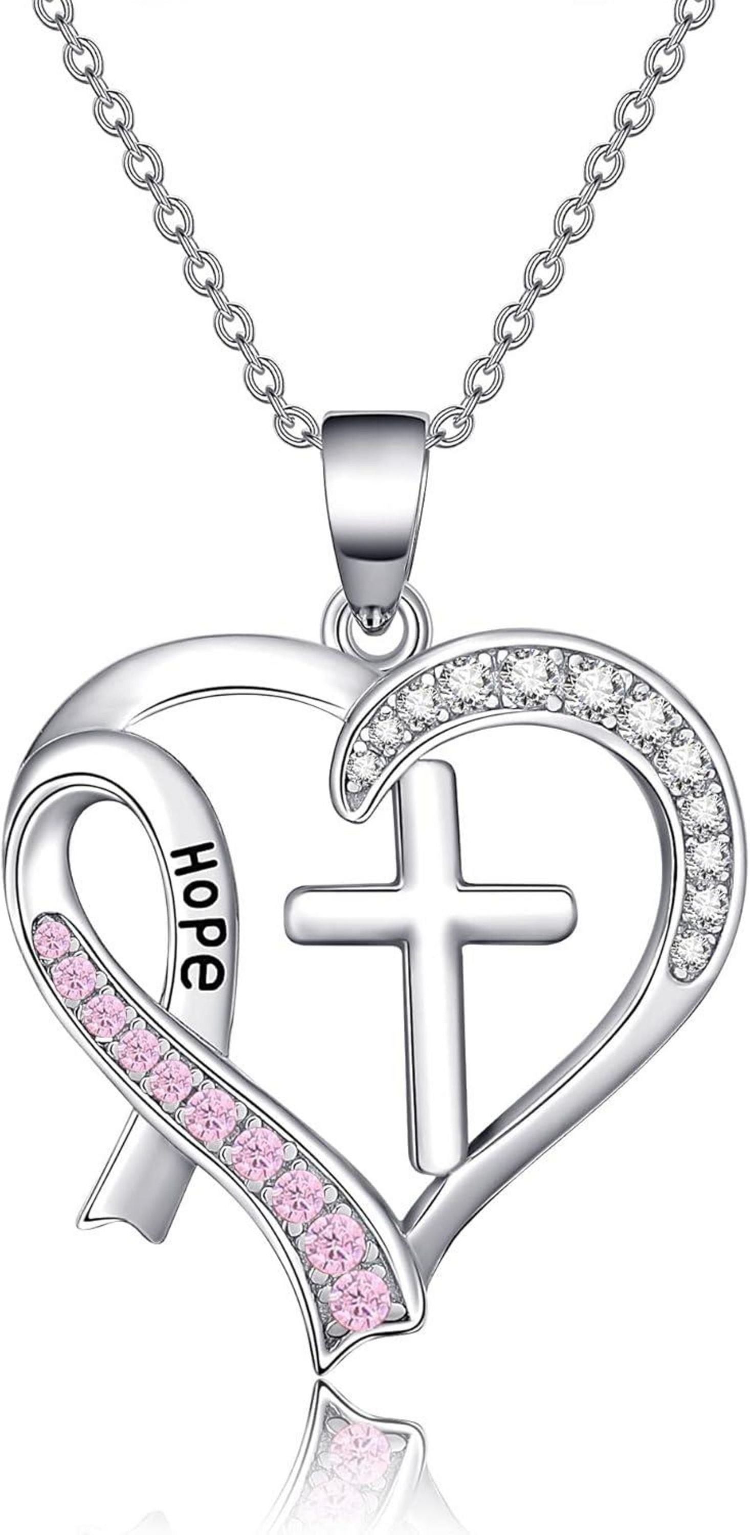 Brustkrebs Bewusstseins Halskette Sterling Silber Kreuz Rosa Band