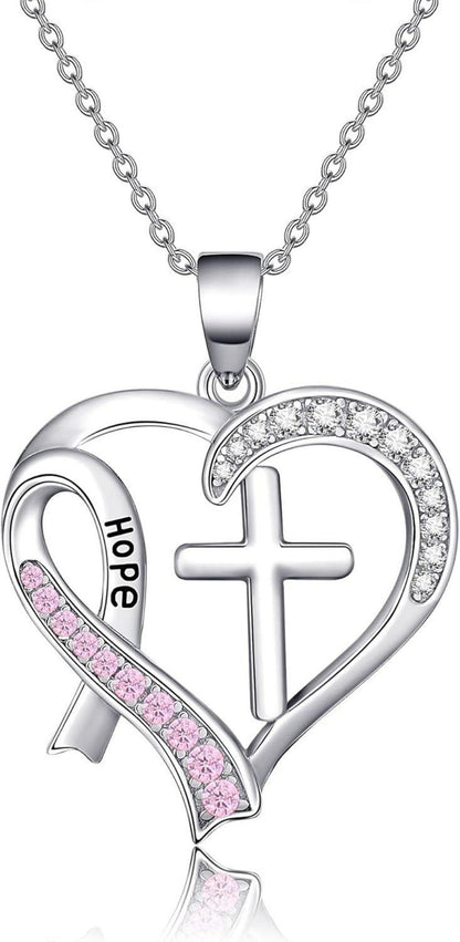 Brustkrebs Bewusstseins Halskette Sterling Silber Kreuz Rosa Band