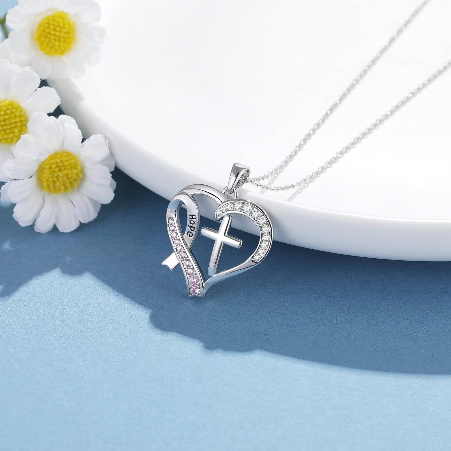 Brustkrebs Bewusstseins Halskette Sterling Silber Kreuz Rosa Band