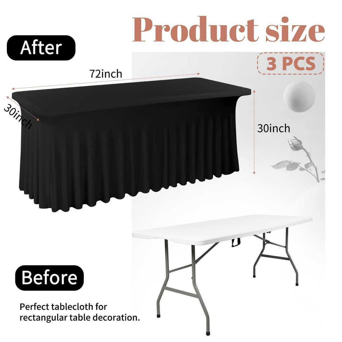 3x Spandex Tischrock 6FT – Schwarz, Rechteckig, Knitterfrei