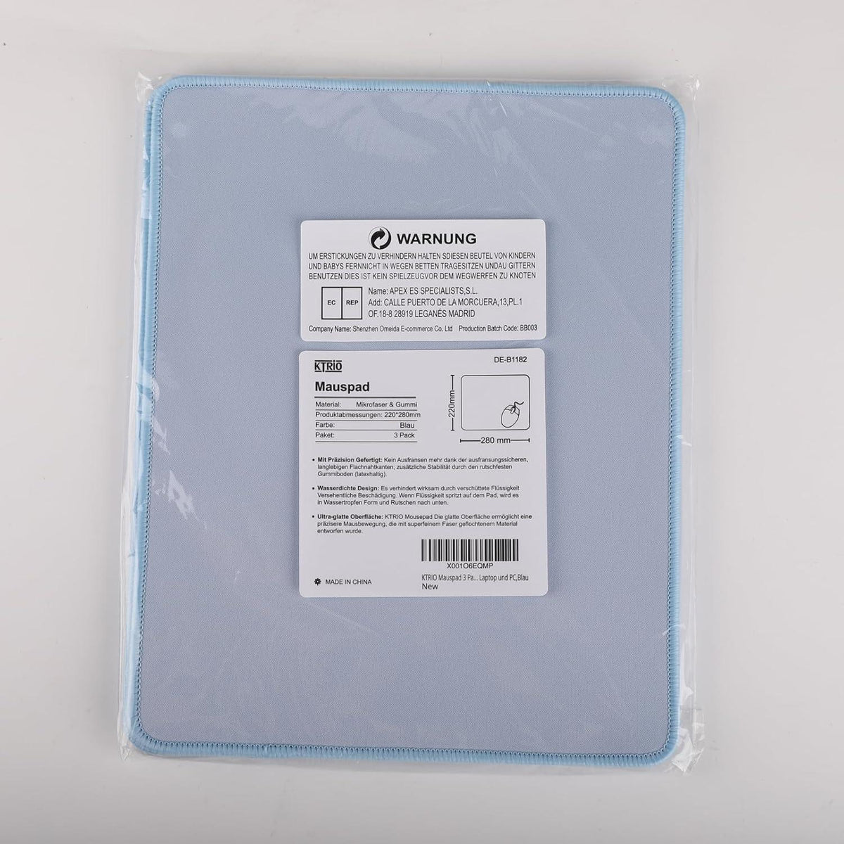 KTRIO Mauspads 275×215mm Wasserdicht Rutschfest Blau 3er-Pack