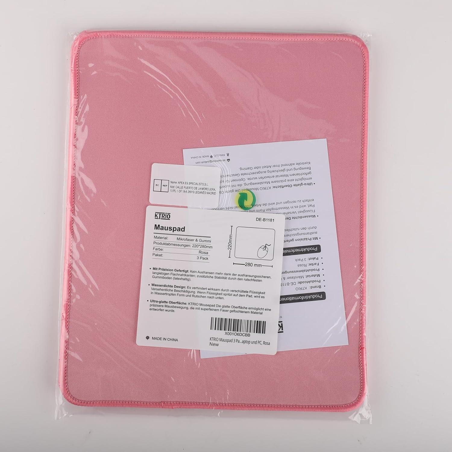 KTRIO Mauspad Rosa 3er Pack XXL 275×215mm mit Vernähten Kanten 30% Größer Wasserdicht Rutschfest Waschbar Strapazierfähig