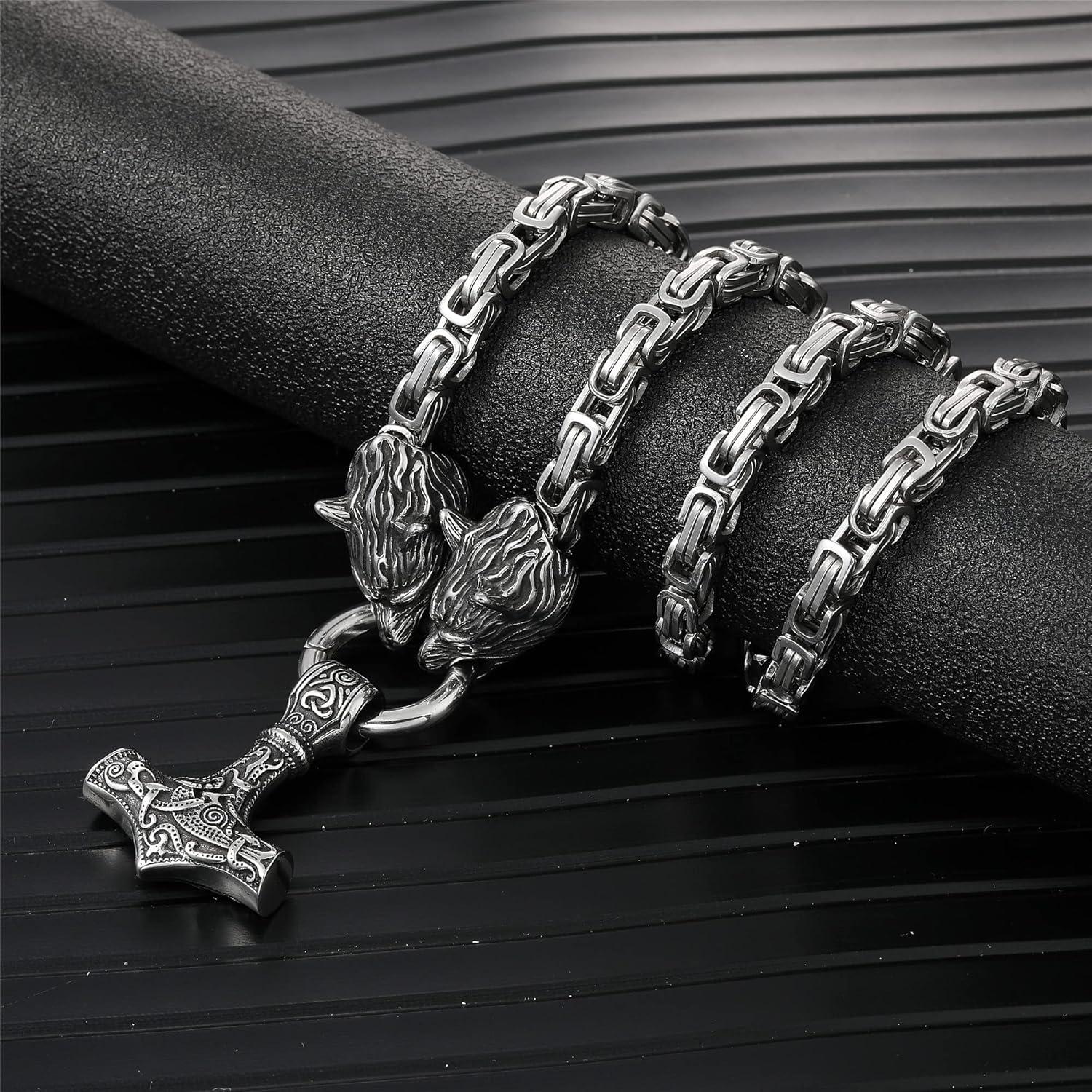 AFSTALR Wikinger Thors Hammer Halskette aus Edelstahl - Mjolnir Runen Viking Geschenk - Silber/Schwarz/Gold 60cm