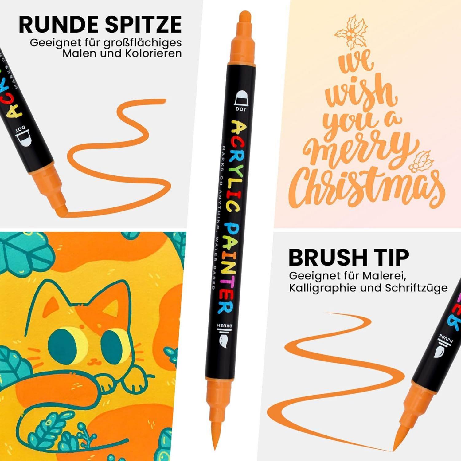 Tesquio Acrylstifte 18 Farben Dual Tip wasserfest - für Steine, Holz, Leinwand, Glas, Papier, Keramik
