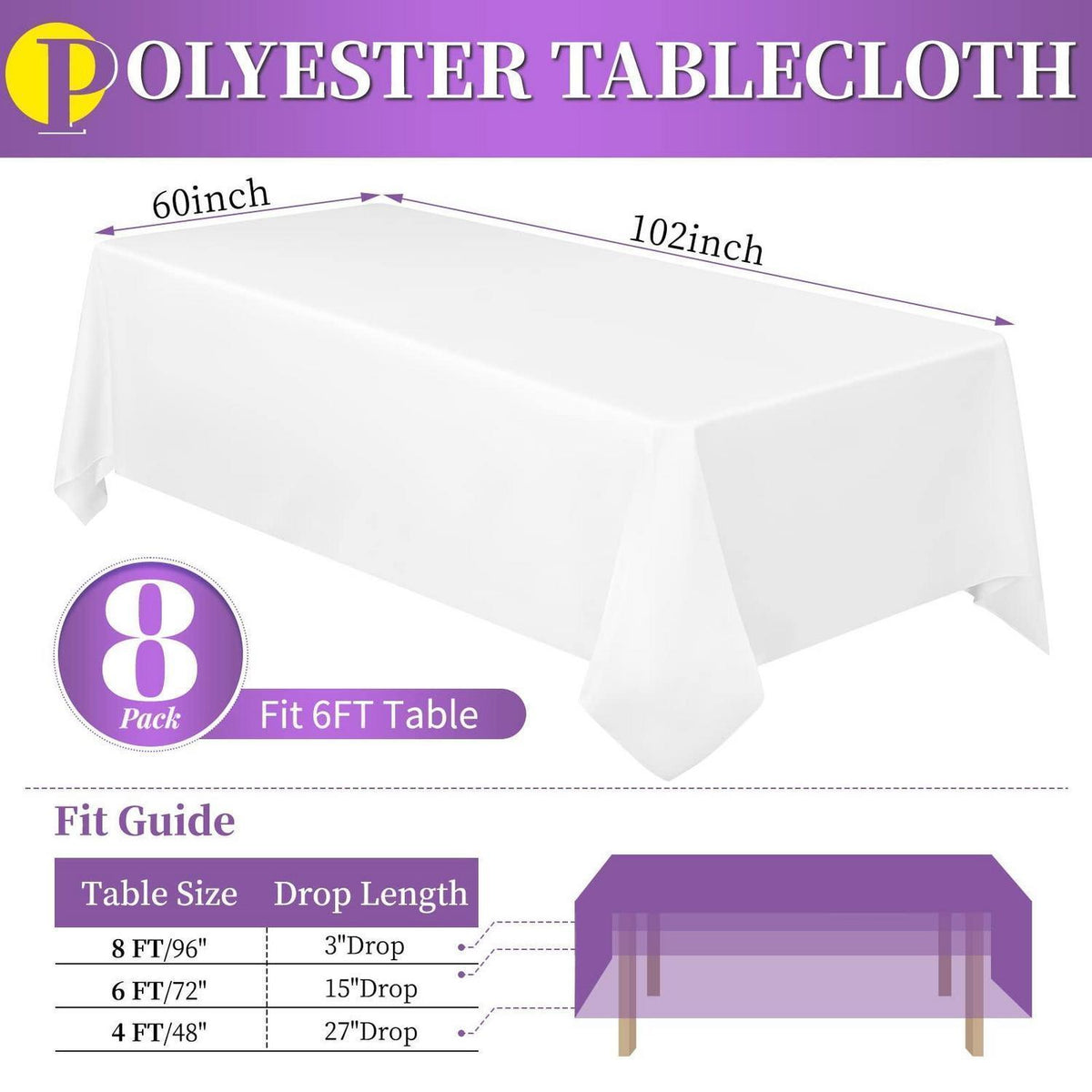 8x Weißes Polyester Tischtuch 6 Ft Rechteck Tischdecke