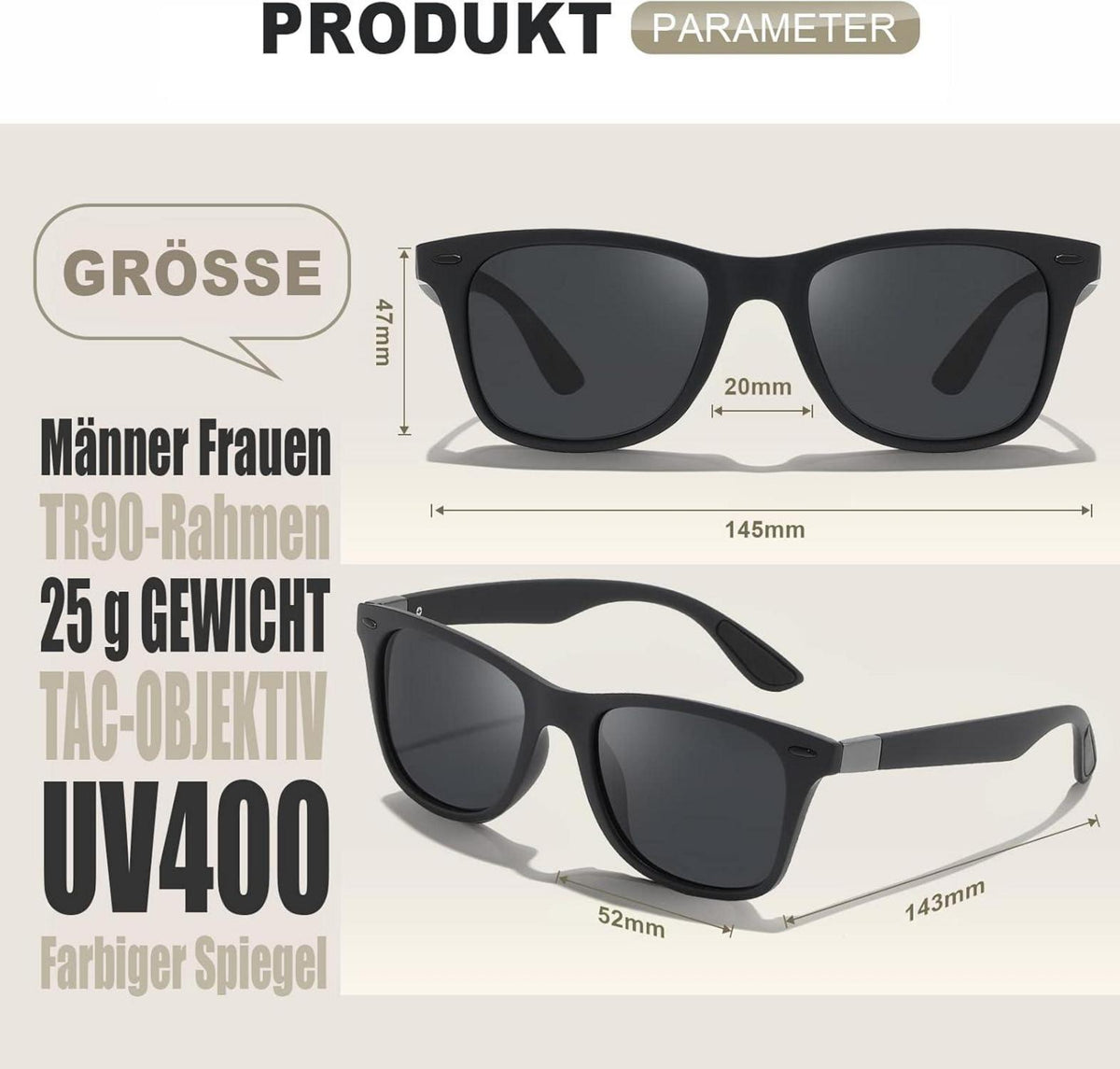 Polarisierte UV400 Sonnenbrille Retro Vintage Stil rechteckig