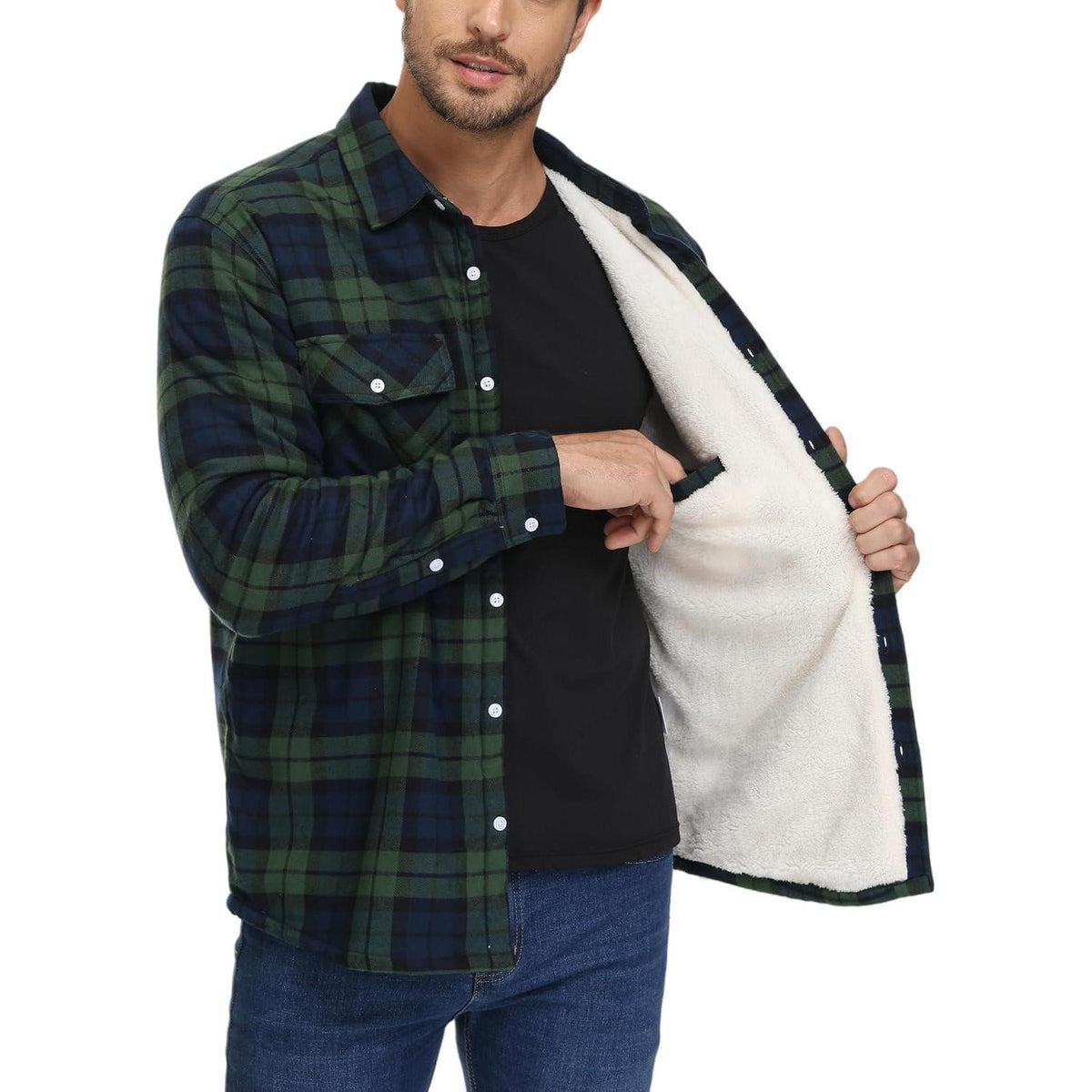Herren Winterjacke Hemd Kariert Gefüttert Baumwolle Grün 3XL