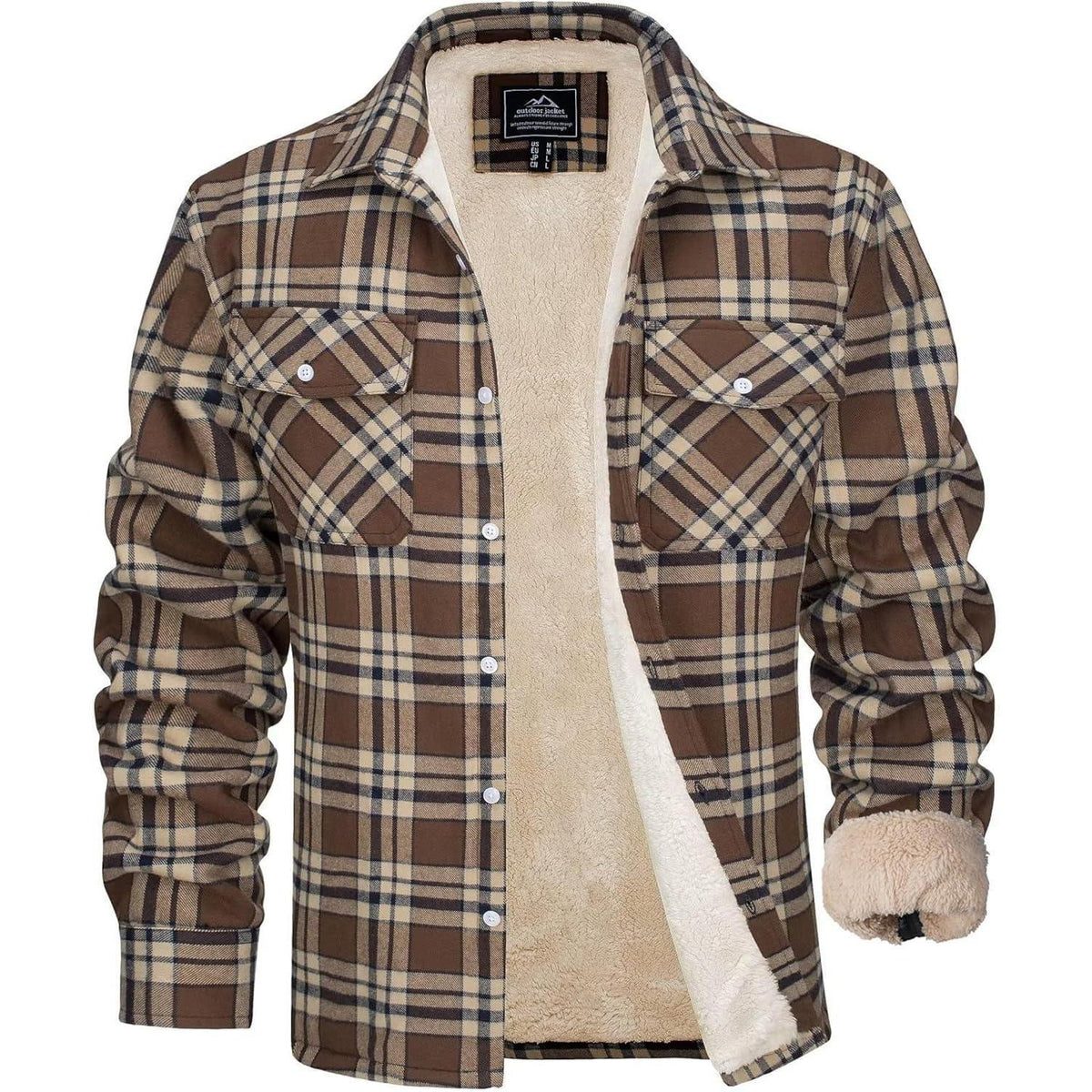Herren Winterjacke Hemd Braun Kariert Gefüttert mit Taschen
