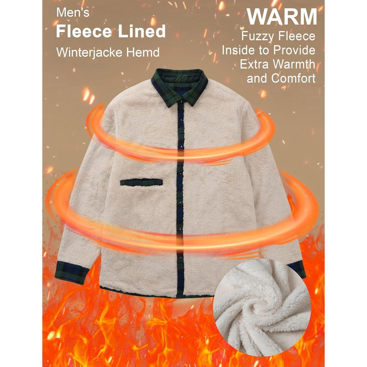 Herren Winterjacke Hemd Kariert Gefüttert Baumwolle Grün