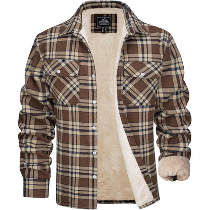 Herren Winterjacke Hemd Braun Kariert Gefüttert mit Taschen