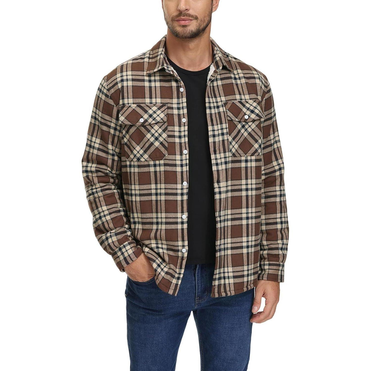Herren Winterjacke Hemd Braun Kariert Gefüttert mit Taschen