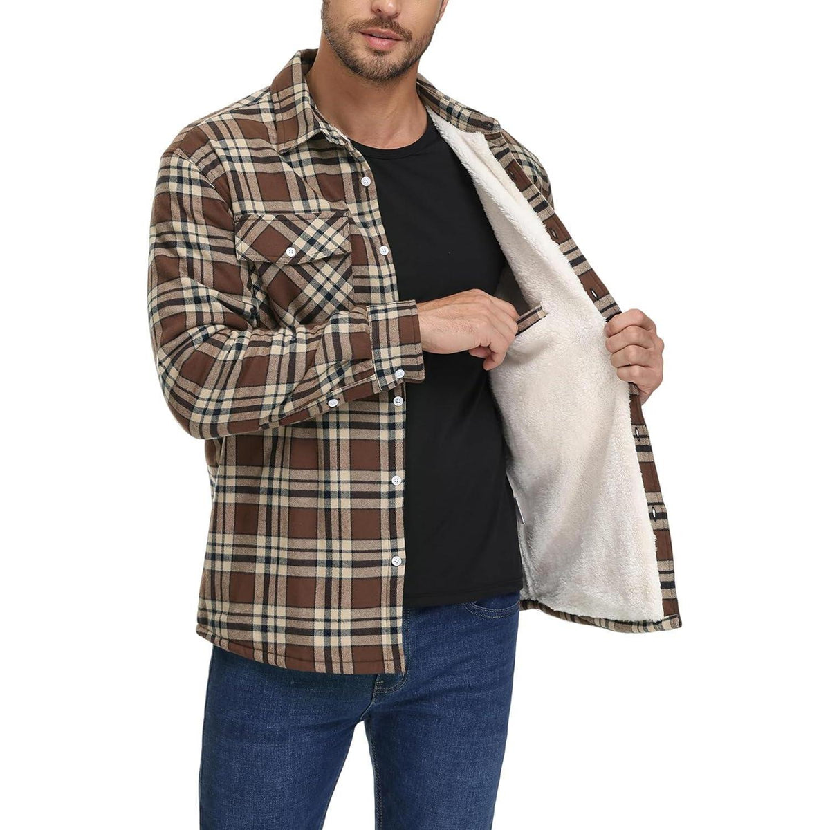 Herren Winterjacke Hemd Braun Kariert Gefüttert mit Taschen