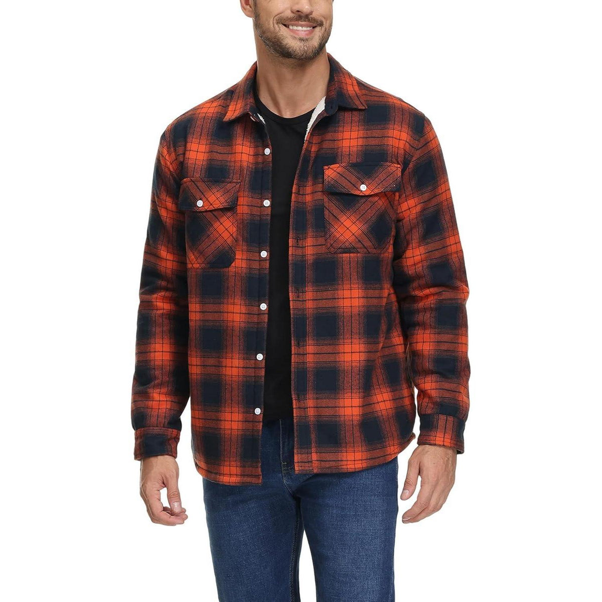 Herren Winterjacke Hemd Kariert Gefüttert Baumwolle Orange 3XL