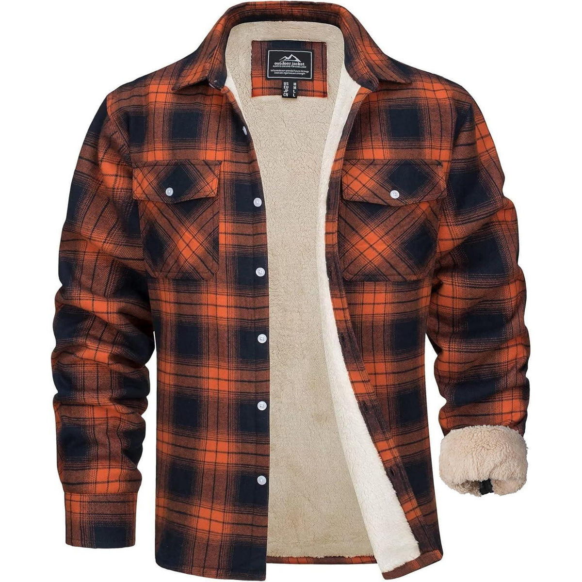 Herren Winterjacke Hemd Kariert Gefüttert Orange | Thermo Freizeithemd mit Taschen