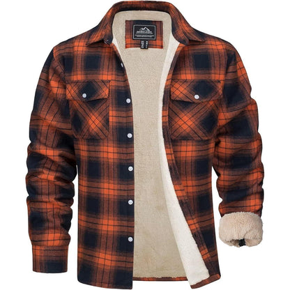 Herren Winterjacke Hemd Kariert Gefüttert Orange | Thermo Freizeithemd mit Taschen