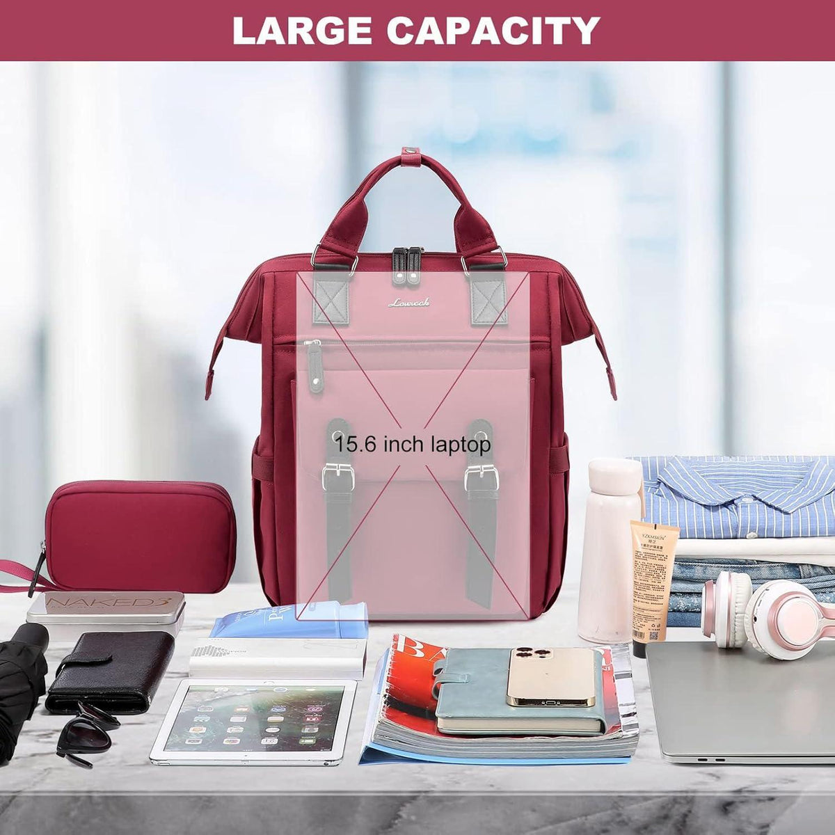 Rucksack Damen 15,6 Zoll Wasserdicht rot mit Laptopfach