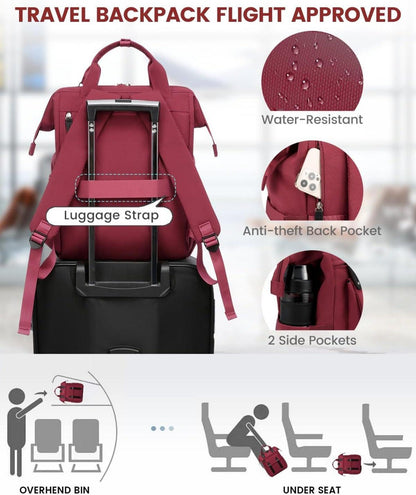 Laptop Rucksack Damen 15,6 Zoll Schulrucksack Wasserdicht Rot USB Charging