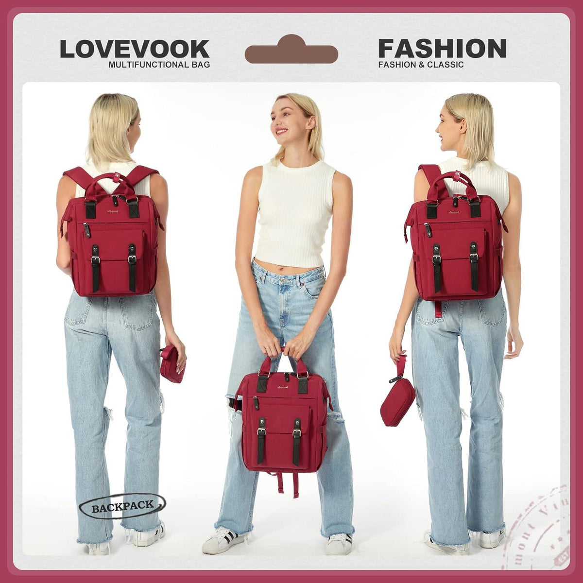 Laptop Rucksack Damen 15,6 Zoll Schulrucksack Mädchen Wasserdicht Rot