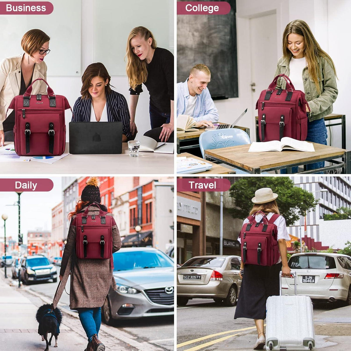 Laptop Rucksack Damen 15,6 Zoll Schulrucksack Wasserdicht Rot USB Charging
