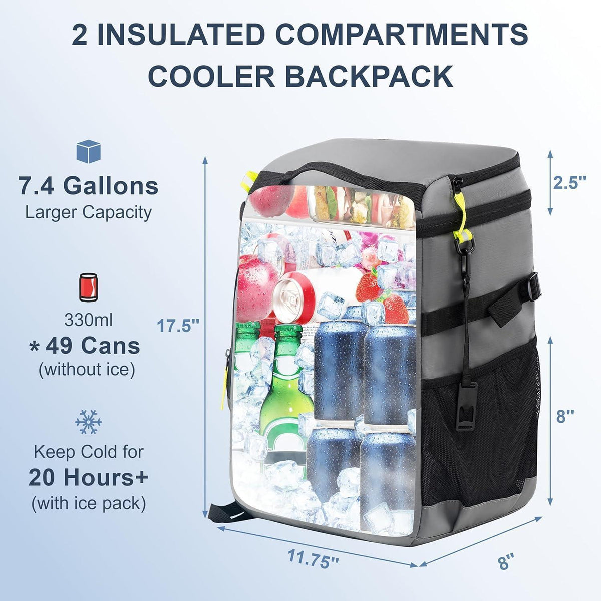 Isolierter Rucksack-Kühler 49 Dosen – Grau, Wasserdicht & Tragbar