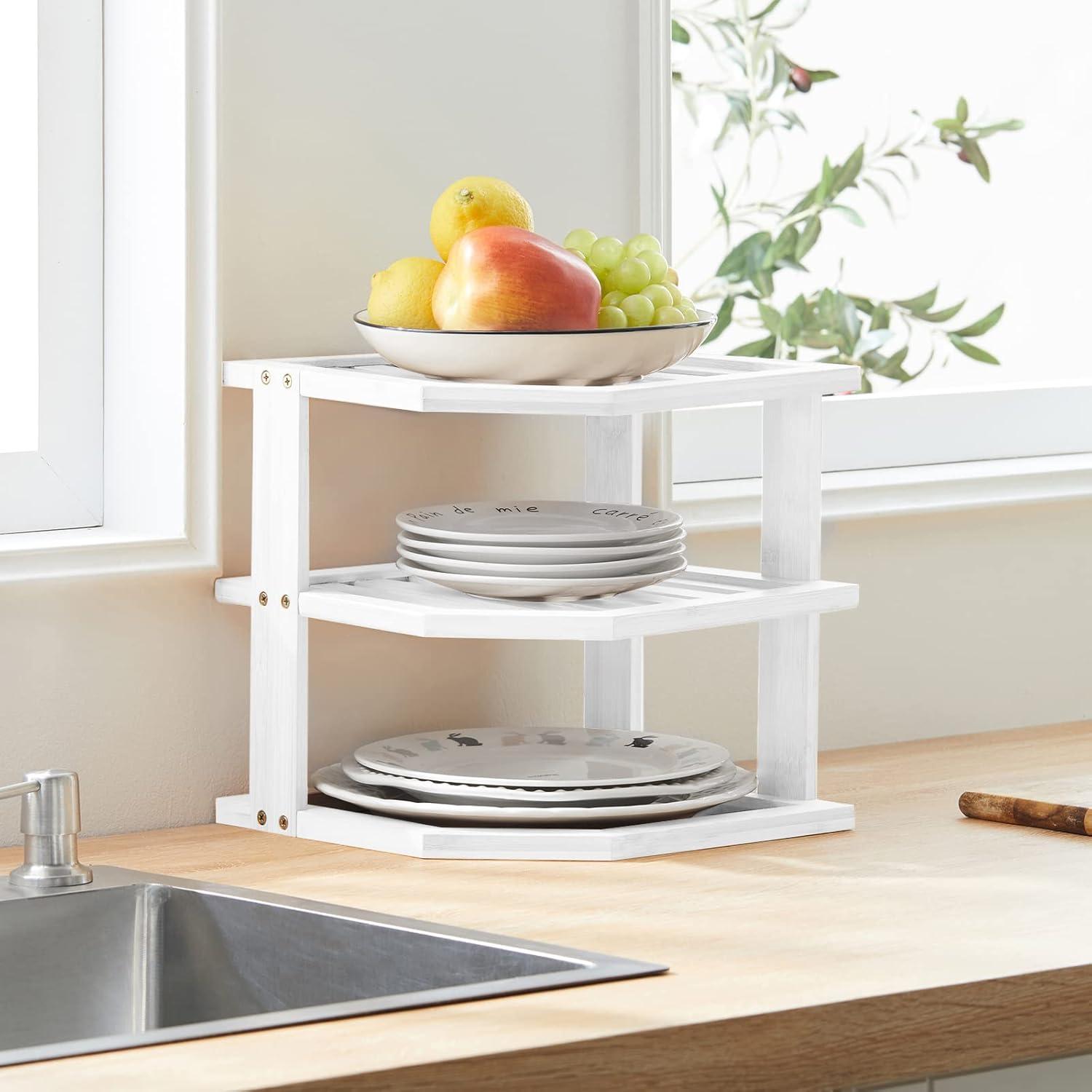 Geschirr Organizer Bambus 25x25x25 weiß 3 Ebenen Küchenregal