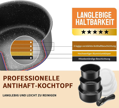 7tlg Kochtopfset mit abnehmbarem Griff | Antihaftbeschichtet
