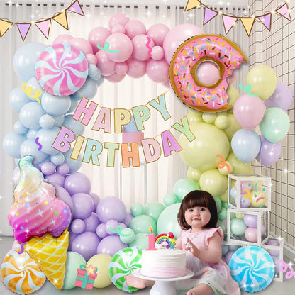 Geburtstagsdeko Mädchen Pastell Regenbogen Luftballons Candy Donut