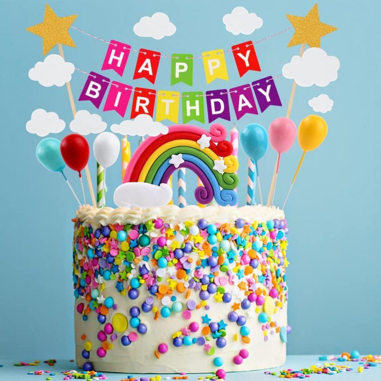 OSDUE Tortendeko Geburtstag, Happy Birthday Kuchendeko Set, Regenbogen Ballon Wolke