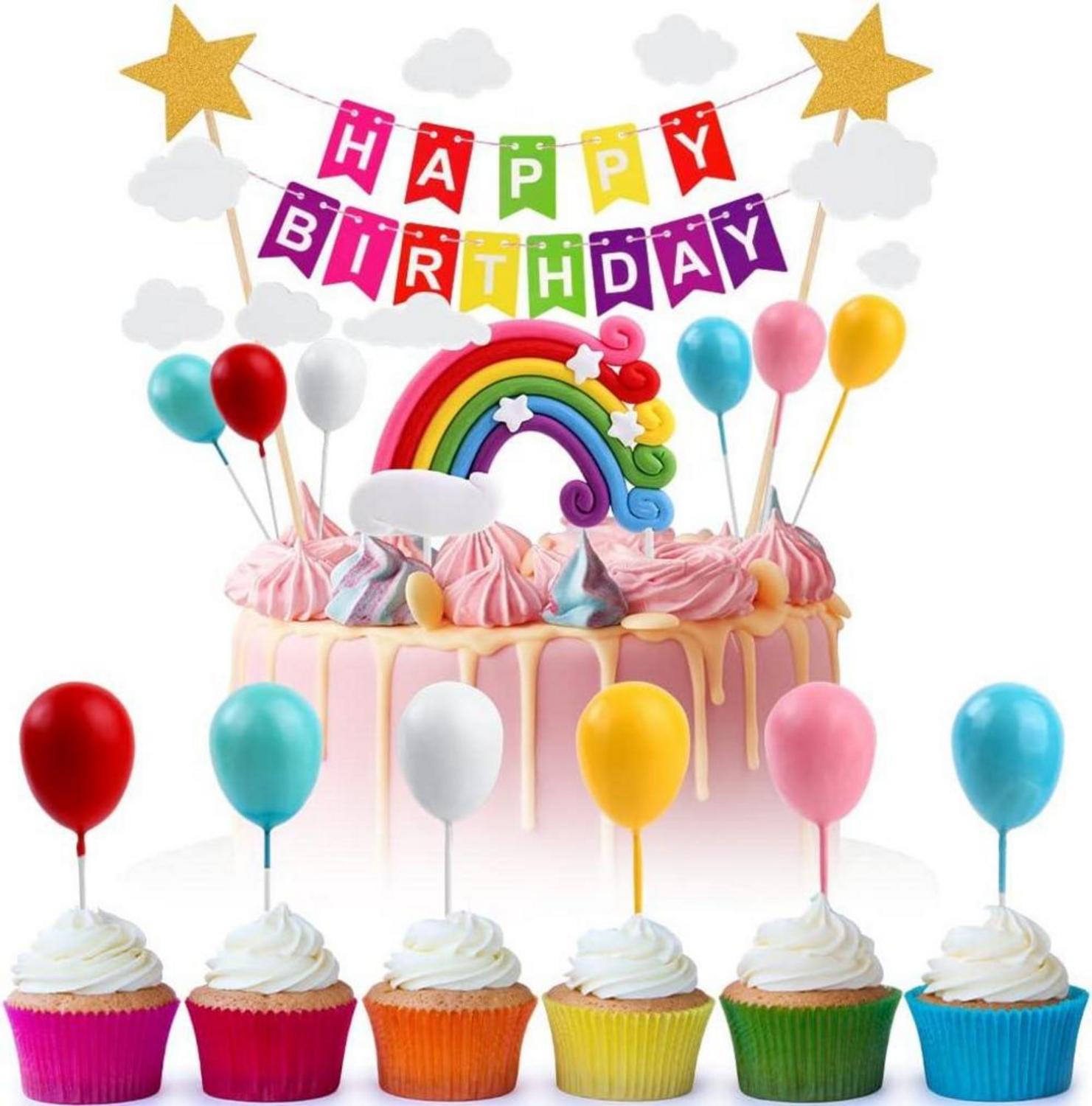OSDUE Tortendeko Geburtstag, Happy Birthday Kuchendeko Set, Regenbogen Ballon Wolke