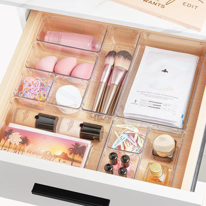 Vtopmart Schubladen Organizer Set, 15-teilig: 4 Größen, Transparent, Stapelbar, Rutschfest, für Schminktisch, Küche, Büro