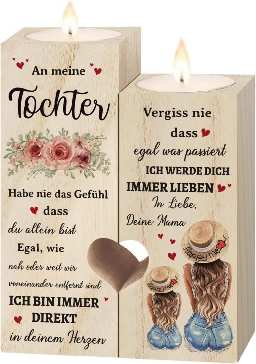 Personalisierter Herz-Kerzenhalter aus hochwertigem Holz - Geschenk für Tochter
