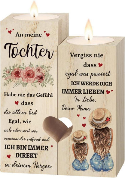 Personalisierter Herz-Kerzenhalter aus hochwertigem Holz - Geschenk für Tochter