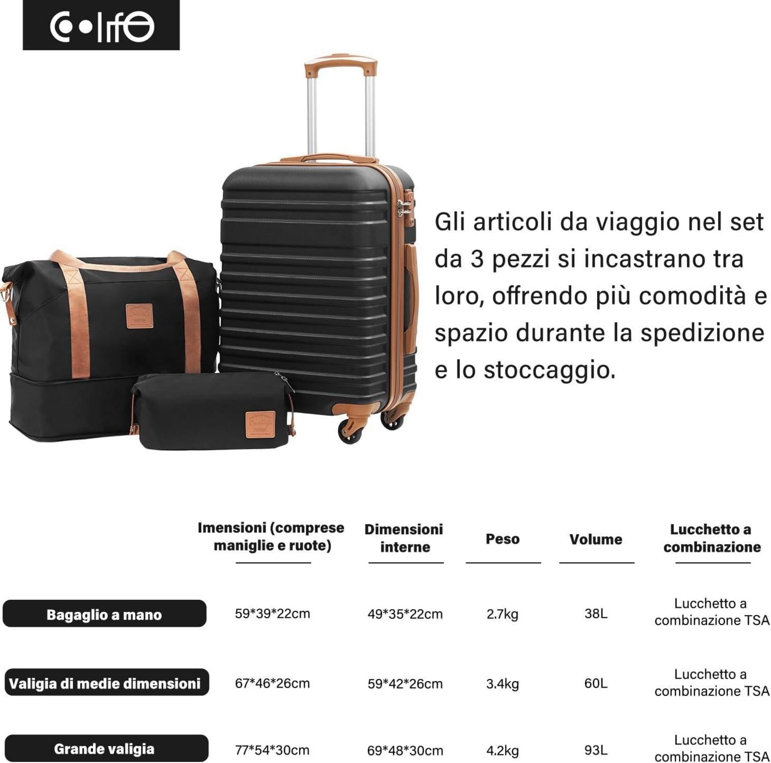 COOLIFE Koffer Trolley ABS Hartschale 4 Rollen TSA-Schloss 3tlg