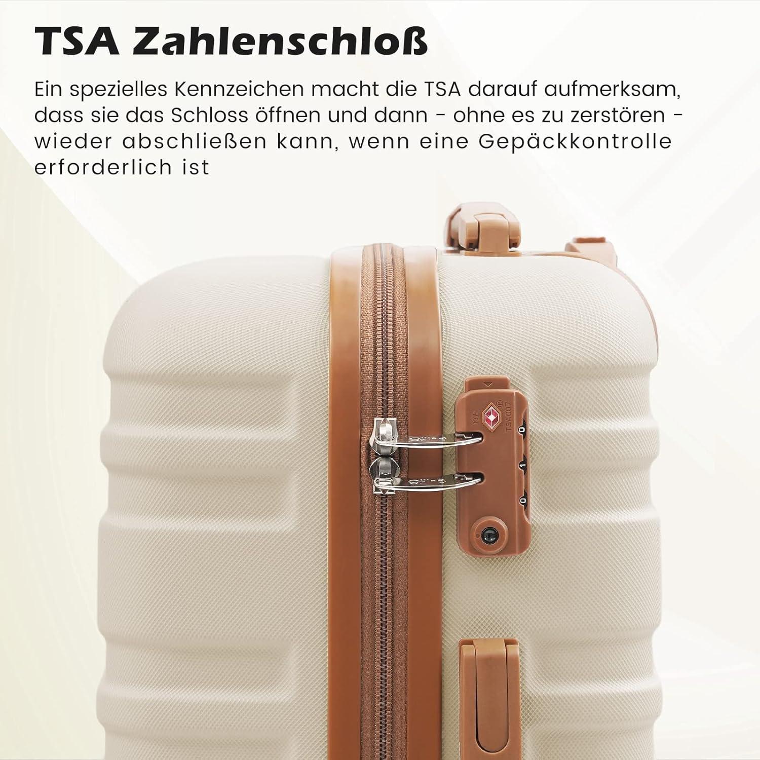 COOLIFE Koffer Trolley Set ABS Hartschalen 4 Rollen TSA-Schloss 3tlg Weiß/Braun