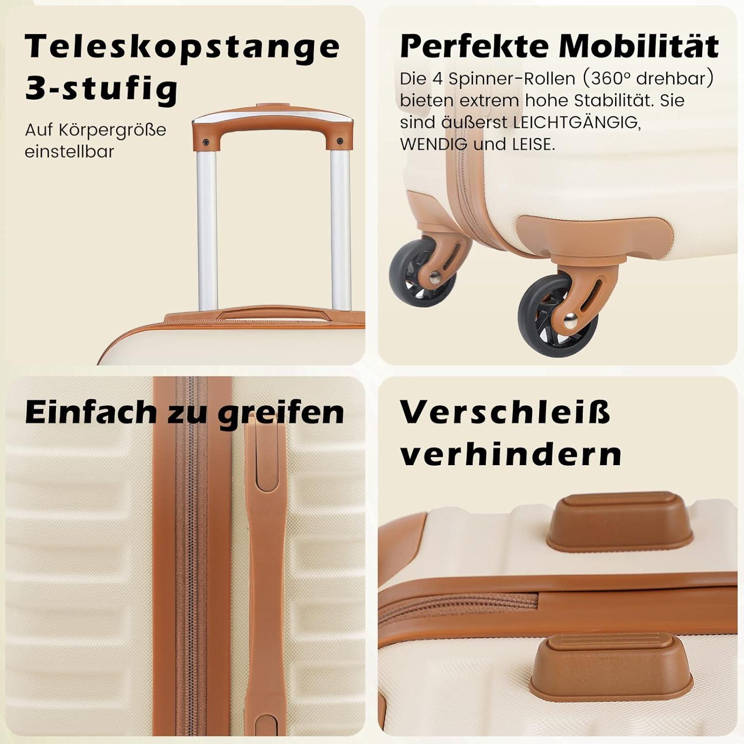 COOLIFE Koffer Set Trolley ABS Hartschalen 4 Rollen TSA Groß Weiß/Braun