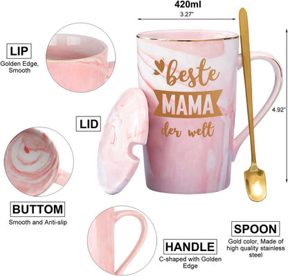 Mama Geschenk Tasse Beste Mama der Welt 400ml Rosa inkl. Deckel Löffel