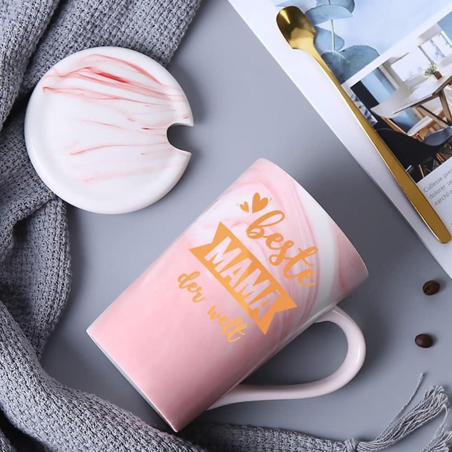 Mama Geschenk Tasse Beste Mama der Welt 400ml Rosa mit Deckel Löffel