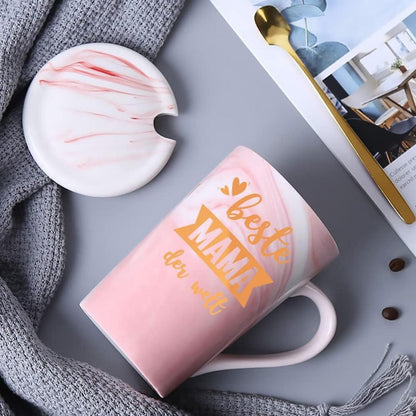Mama Geschenk Tasse Beste Mama der Welt 400ml Rosa mit Deckel Löffel