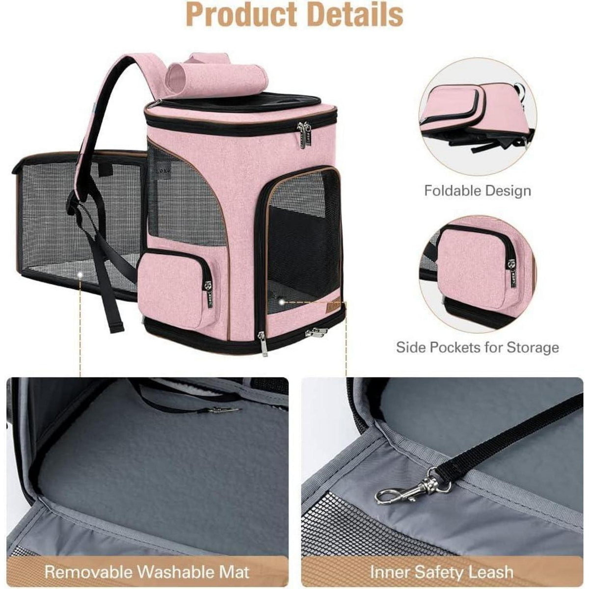 Erweiterbarer Haustier Rucksack für Katzen & Hunde bis 10kg, Rosa XL