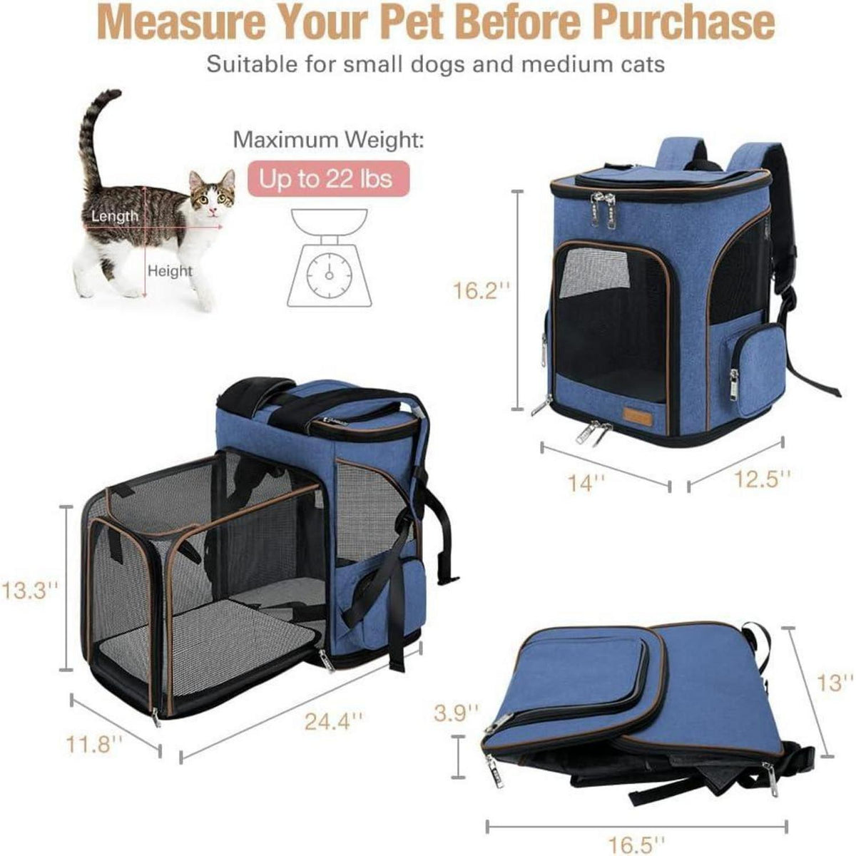 Erweiterbarer Haustier Rucksack für Katzen & Hunde bis 10kg, Blau XL