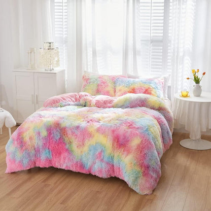 Winter Plüsch Bettwäsche Set Regenbogen Bunt 200x220 cm