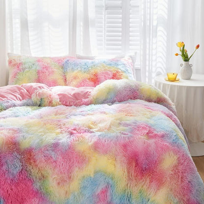 Winter Plüsch Bettwäsche Set Regenbogen Bunt 200x220 cm