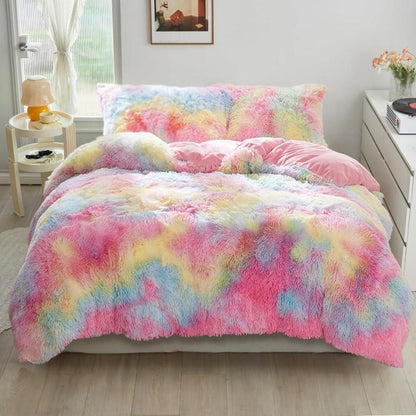 Winter Plüsch Bettwäsche Set Regenbogen Bunt 200x200 cm