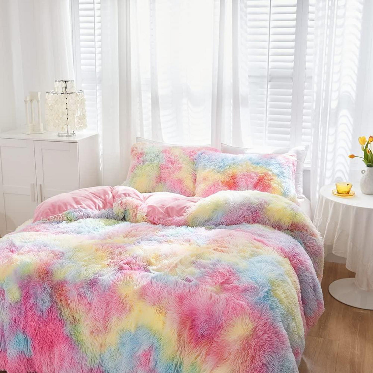 Winter Plüsch Bettwäsche Set Regenbogen Bunt 200x200 cm