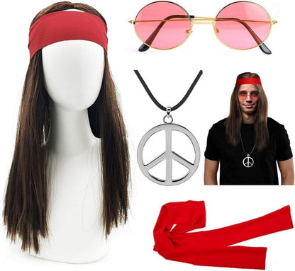 Hippie Kostüm Set 70er Jahre Peace Anhänger Perücke Sonnenbrille