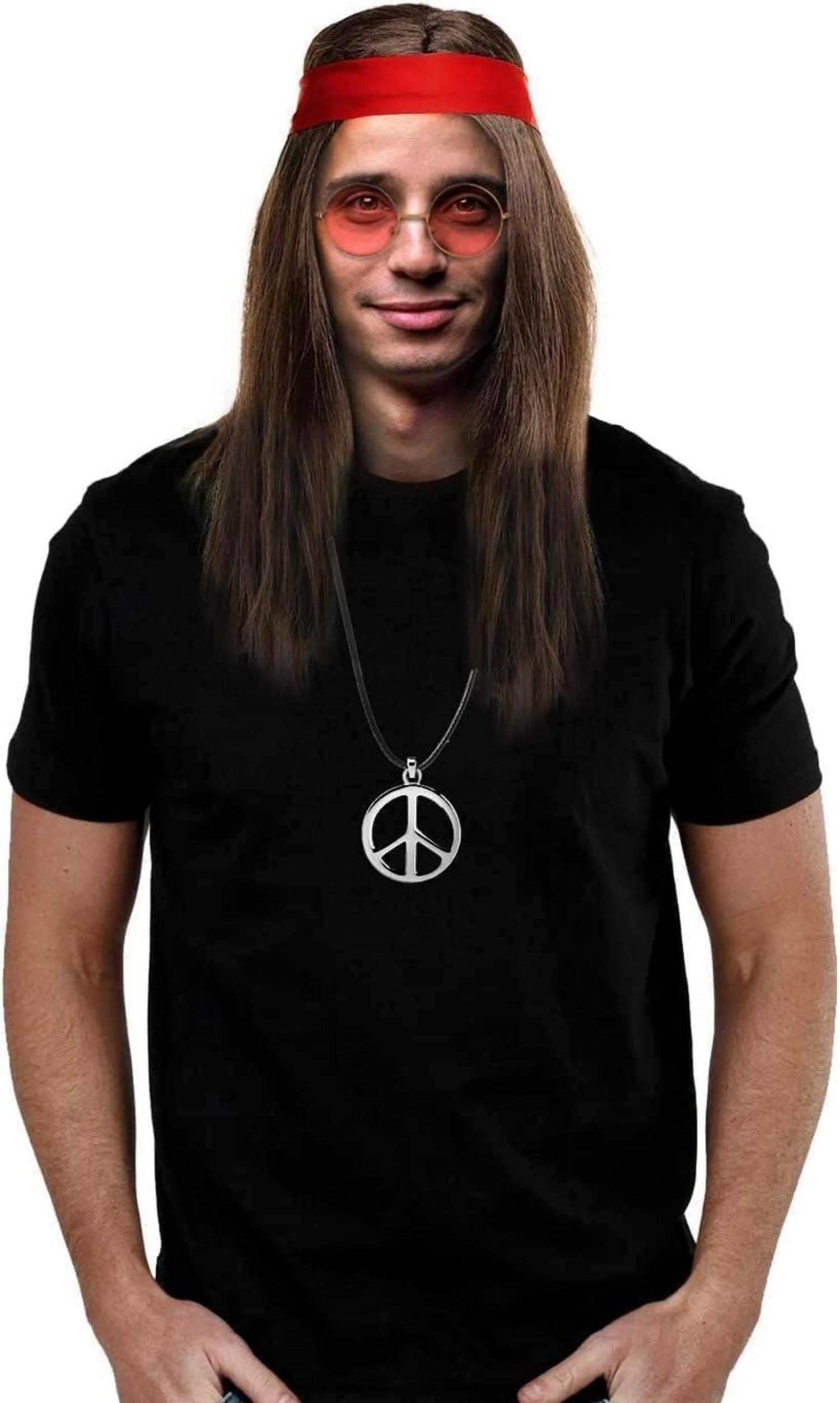 Hippie Kostüm Set 4-teilig Perücke Brille Halskette