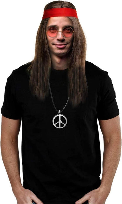 Hippie Kostüm Set 4-teilig Perücke Brille Halskette