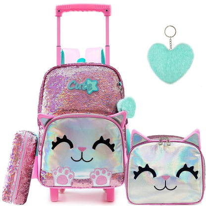 Mädchen Rolling Backpack mit Rädern & Pailletten-Katze 6-8 Jahre